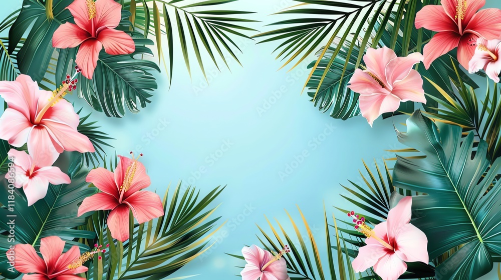 A background of tropical flowers and leaves with a blue sky background. A background of tropical flowers and leaves with a blue sky background.