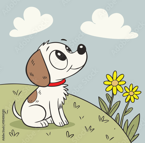 a cartoon-style illustration of an adorable puppy sitting on a grassy hill with a cheerful expression.  In the background are two yellow flowers on green stems, along with a clear sky featuring two wh