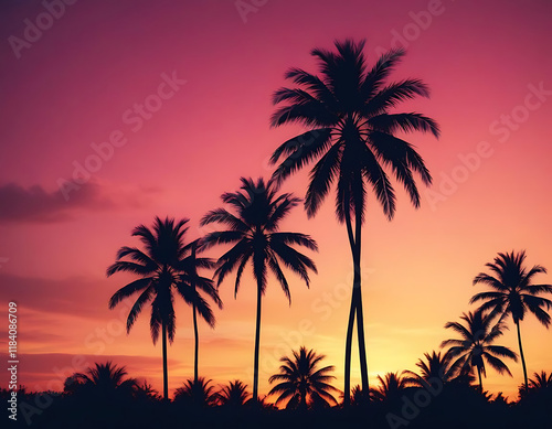 Palm trees silhouetted against a tropical sunset.