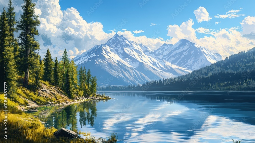 A serene mountain landscape with snow-capped peaks and a crystal-clear lake reflecting the sky A serene mountain landscape with snow-capped peaks and a crystal-clear lake reflecting the sky