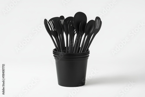 A black and wooden utensil holder containing a variety of wooden cooking utensils on a white background, symbolizing organization, practicality, culinary skills, and kitchen necessities photo