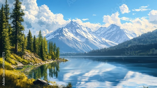 A serene mountain landscape with snow-capped peaks and a crystal-clear lake reflecting the sky