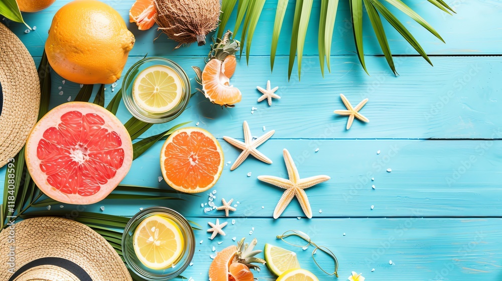 A flat lay of summery items: citrus fruits, palm leaves, seashells, sunglasses, and a hat. A flat lay of summery items: citrus fruits, palm leaves, seashells, sunglasses, and a hat.
