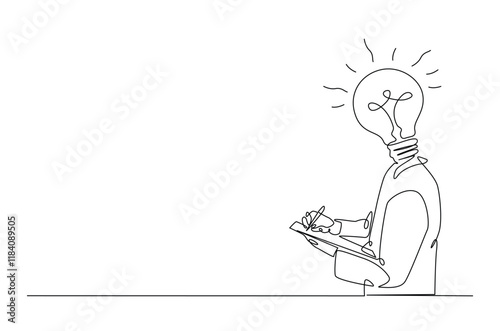 Head lamp person replace with bulb lamp writing notes continuous one line drawing. Creative person with head lamp making notes in single line art illustration. Editable vector.