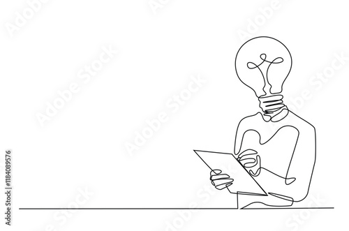 Head lamp person replace with bulb lamp writing notes continuous one line drawing. Creative person with head lamp making notes in single line art illustration. Editable vector.