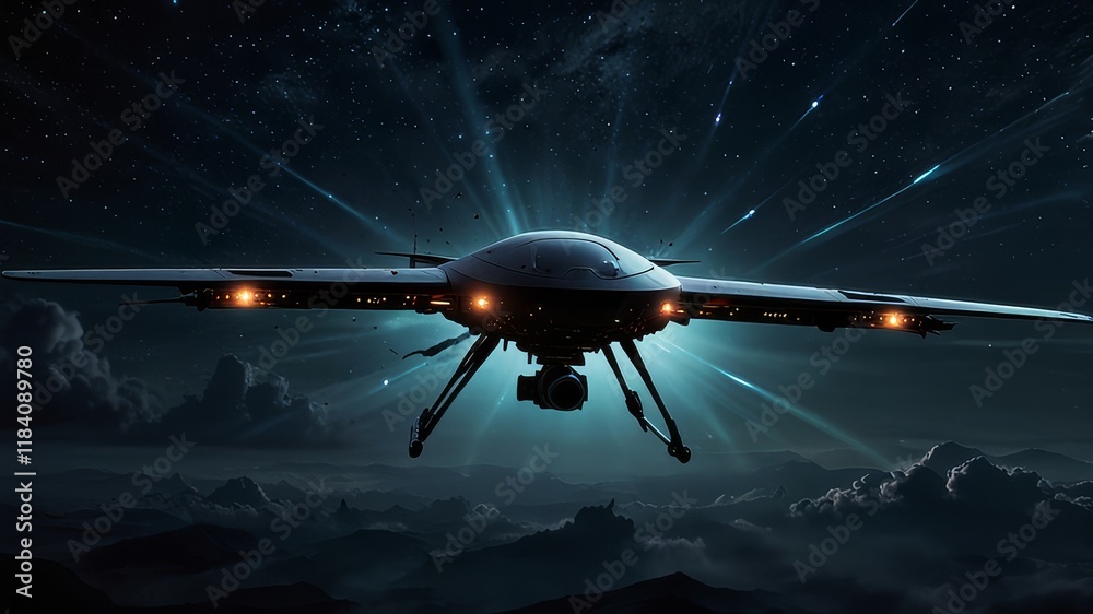 Fototapeta premium Military drones and mysterious UAPs hover in the night sky, their eerie lights reflecting an unsettling mix of extraterrestrial intrigue and shadowy human ...