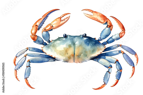 A crab painted with watercolors on a white background. Sea creatures