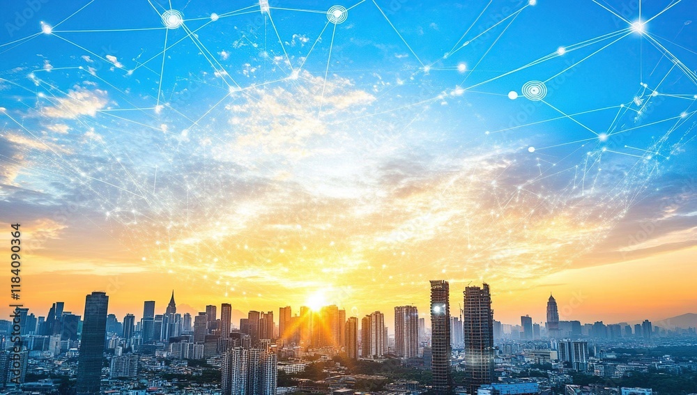 Obraz premium Smart City: Networked Urban Development Transforming Skylines at Sunrise
