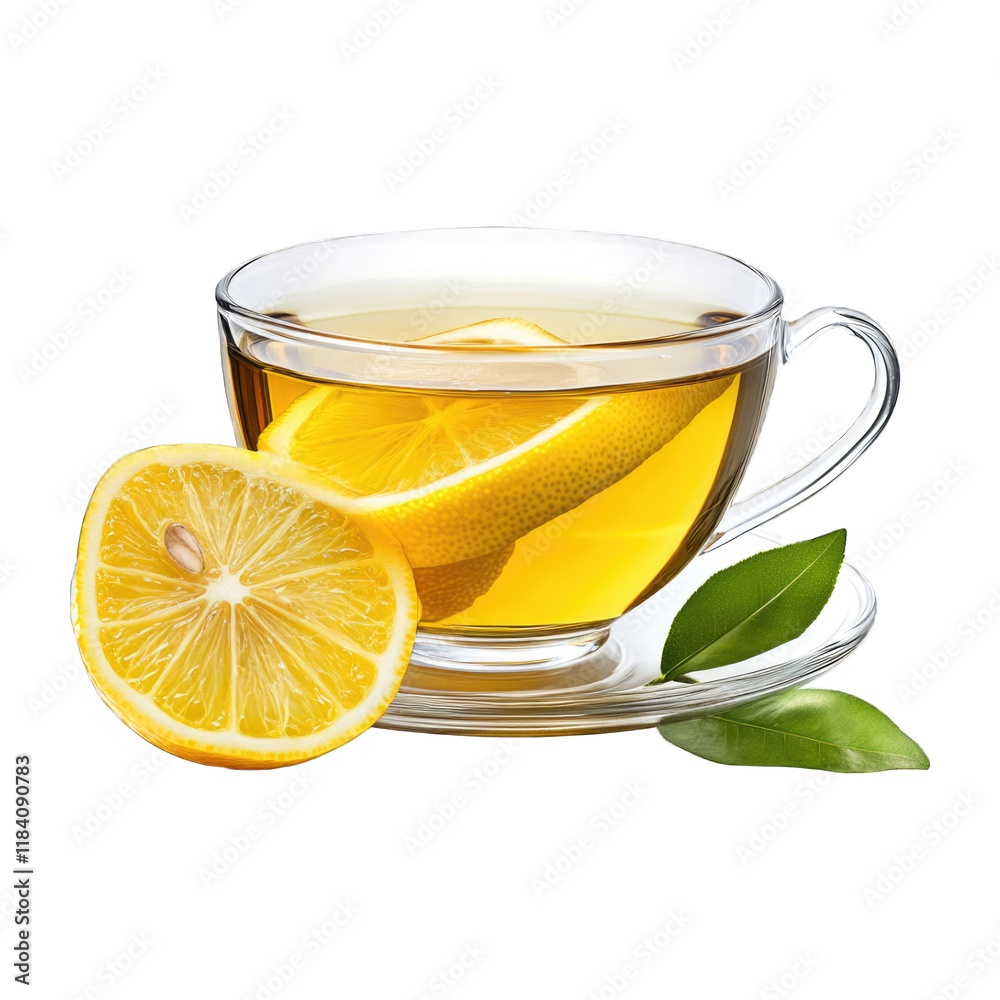 Refreshing lemon tea with fresh lemon slices and green leaves isolated on transparent background, PNG