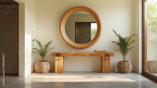 A stylish wooden console table holds decorative plants in woven baskets and a mirror above  enhancing the minimalist chic of the entryway with a warm and welcoming atmosphere.