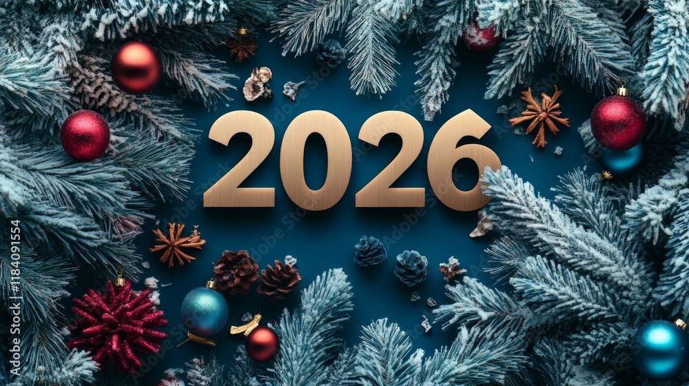 2026 New Year Celebration Background with Festive Blue and Silver Christmas Ornaments 2026 New Year Celebration Background with Festive Blue and Silver Christmas Ornaments