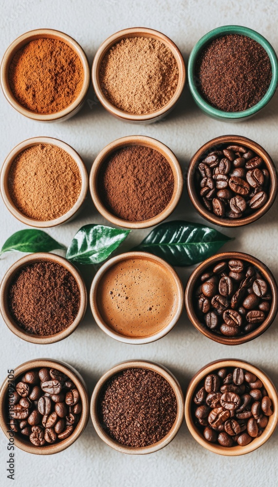 Aromatic Coffee Journey Freshly Ground Coffee and Beans Flat Lay for Beverage Concepts Aromatic Coffee Journey Freshly Ground Coffee and Beans Flat Lay for Beverage Concepts