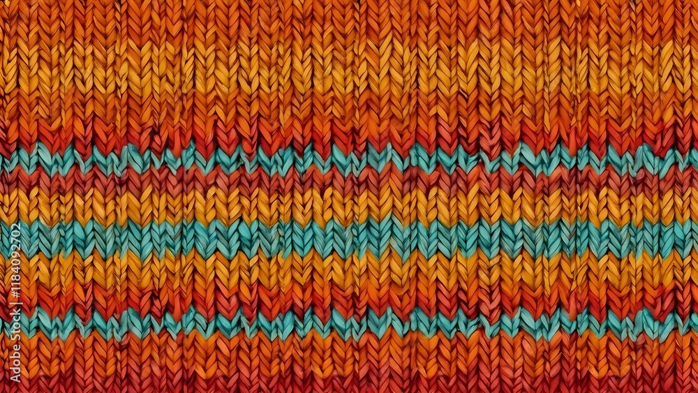 Fototapeta premium Vibrant Knit Texture Pattern, Warm Autumn Hues & Turquoise Stripes - Seamless Hand-Knit Design