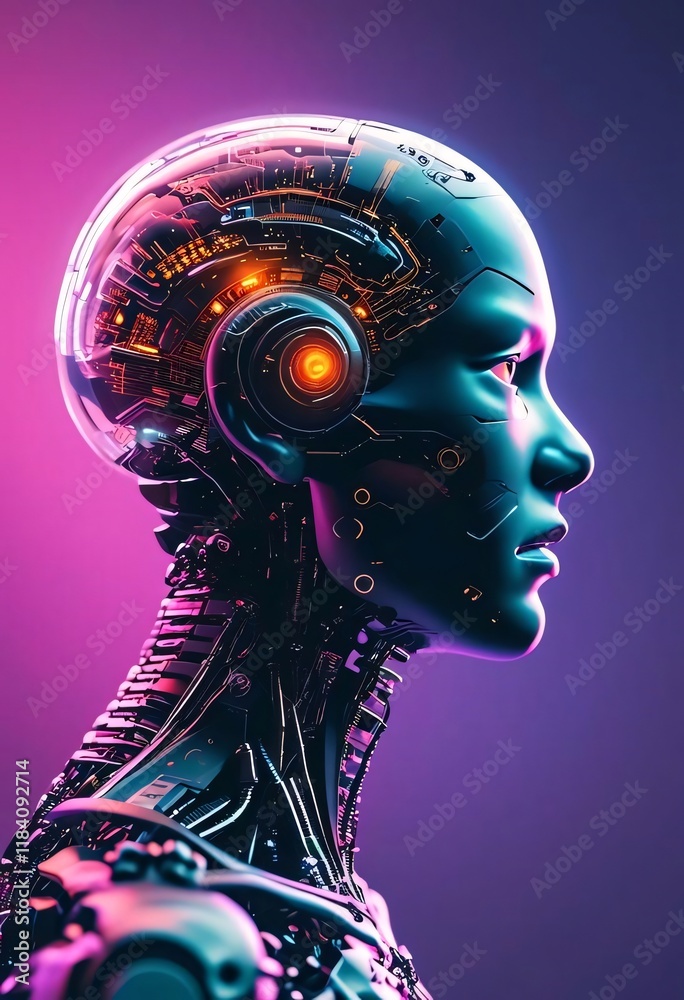 AI Robot Head, Neon Background, Futuristic Concept. AI Robot Head, Neon Background, Futuristic Concept.