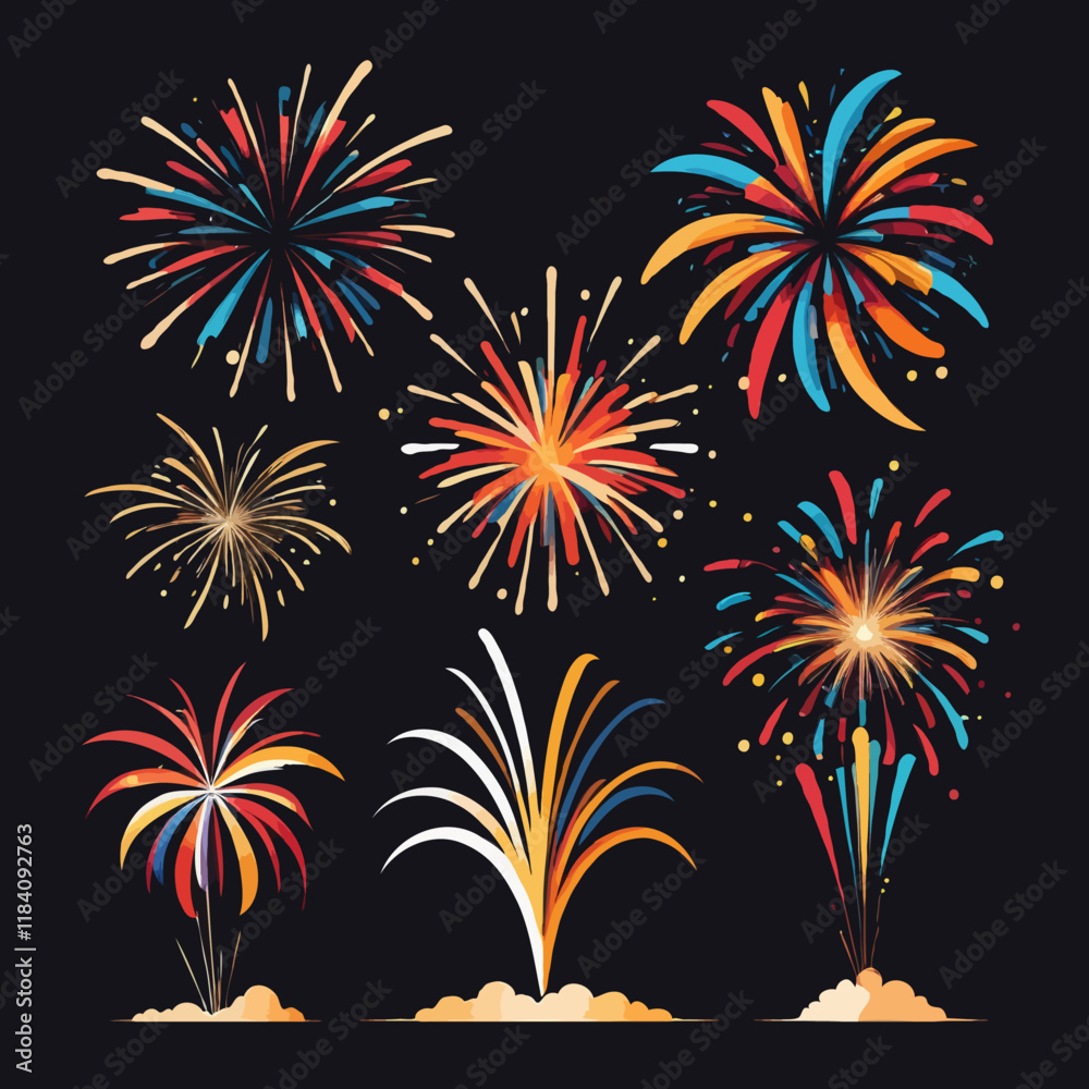 Colorful silhouette of fireworks bursting in the night sky, showcasing vibrant colors and dynamic shapes. Vector Illustration