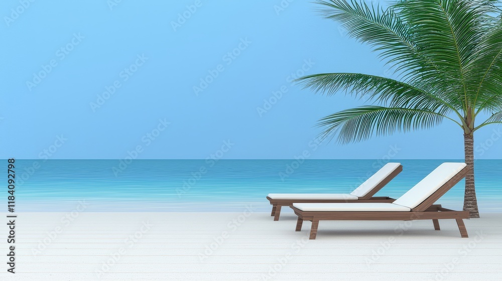 A 3D render of two empty beach chairs under a palm tree on a white sand beach with a clear blue sky and tranquil ocean. A 3D render of two empty beach chairs under a palm tree on a white sand beach with a clear blue sky and tranquil ocean.