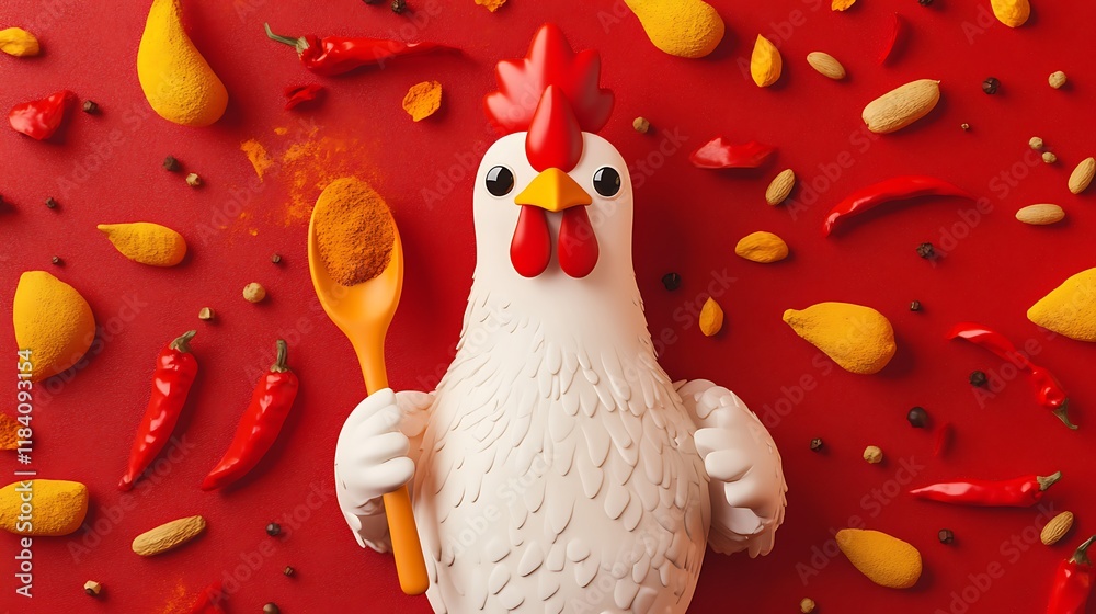 Naklejka premium Playful Chicken Mascot Holding a Ladle Amidst Spices, Curry Ingredients, and Colorful Seasonings on a Vibrant Red Background