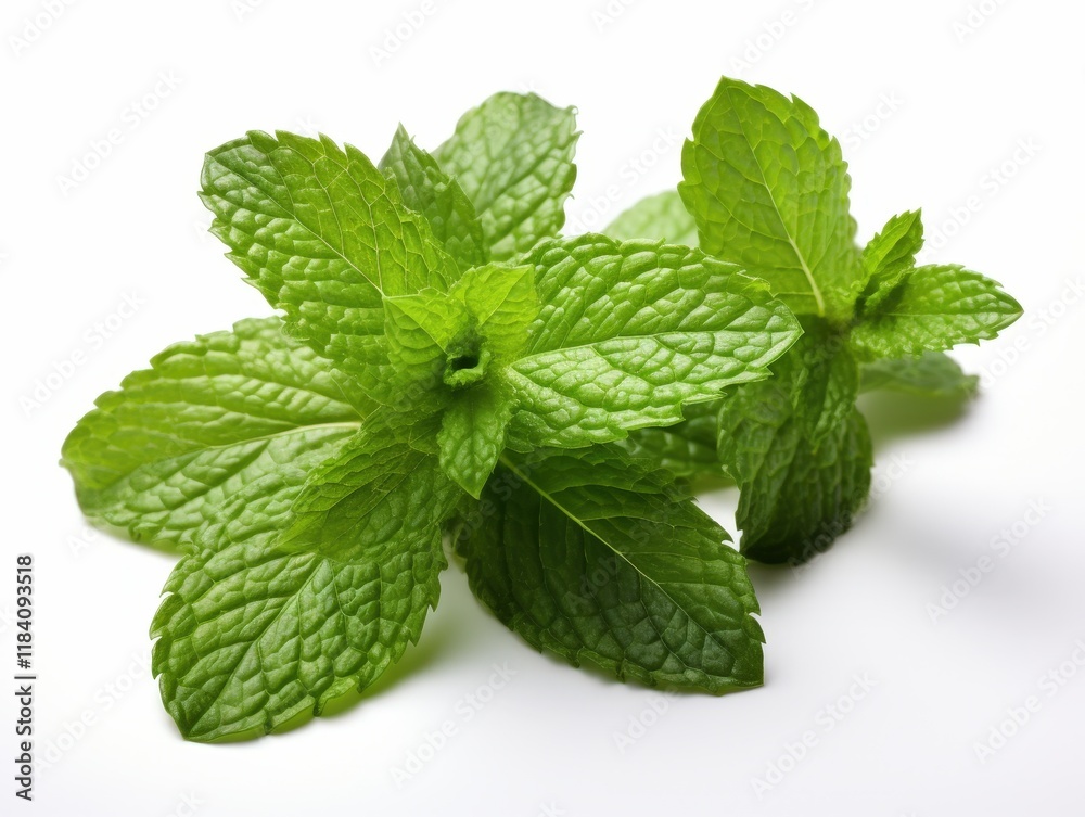 Fresh Mint Leaves Isolated on White Background with Vibrant Green Color and Textured Leaves for Culinary and Herbal Uses Fresh Mint Leaves Isolated on White Background with Vibrant Green Color and Textured Leaves for Culinary and Herbal Uses