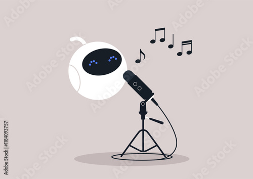 Futuristic AI robot engages actively in songwriting within a digital studio, generating unique melodies while exploring various musical styles and techniques
