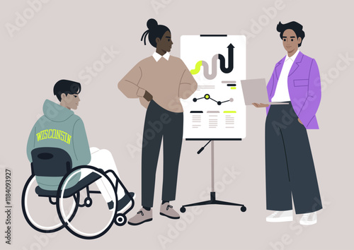 Three professionals participate in a dynamic business meeting, showcasing teamwork and inclusion in a modern office space, One member presents data, while others contribute ideas