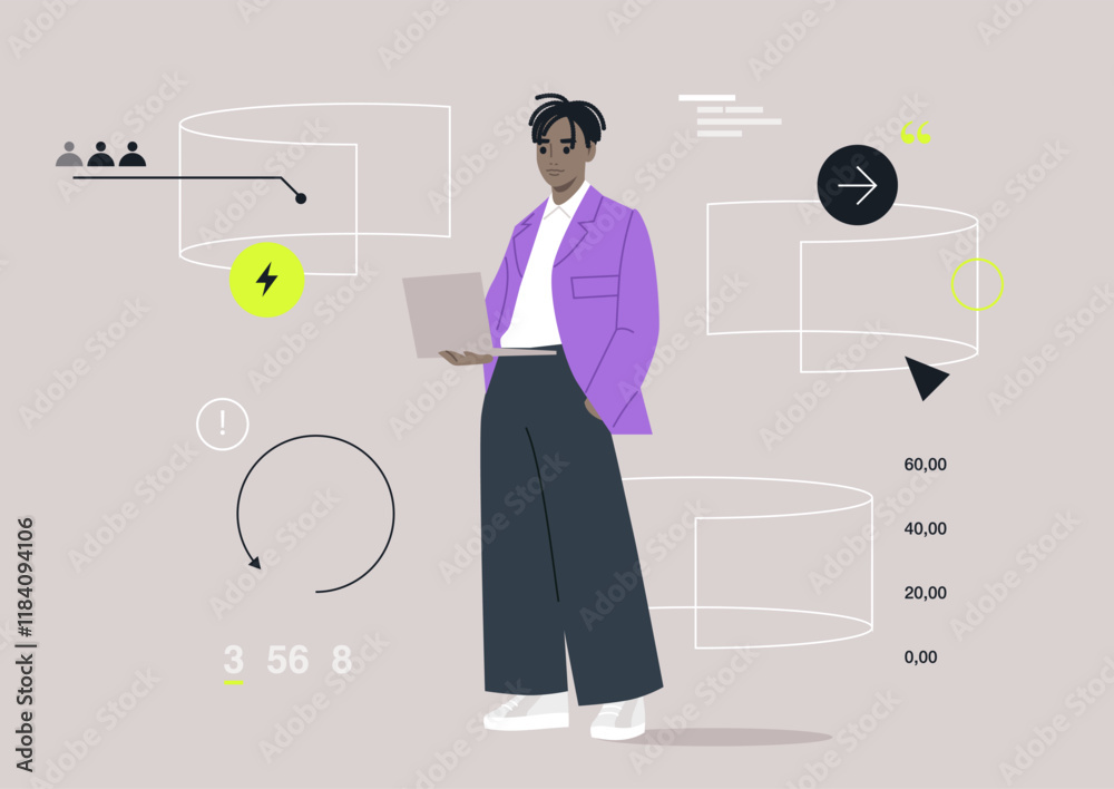 A modern character stands confidently with a laptop in a sleek environment filled with colorful, interactive screens displaying various data visuals A modern character stands confidently with a laptop in a sleek environment filled with colorful, interactive screens displaying various data visuals