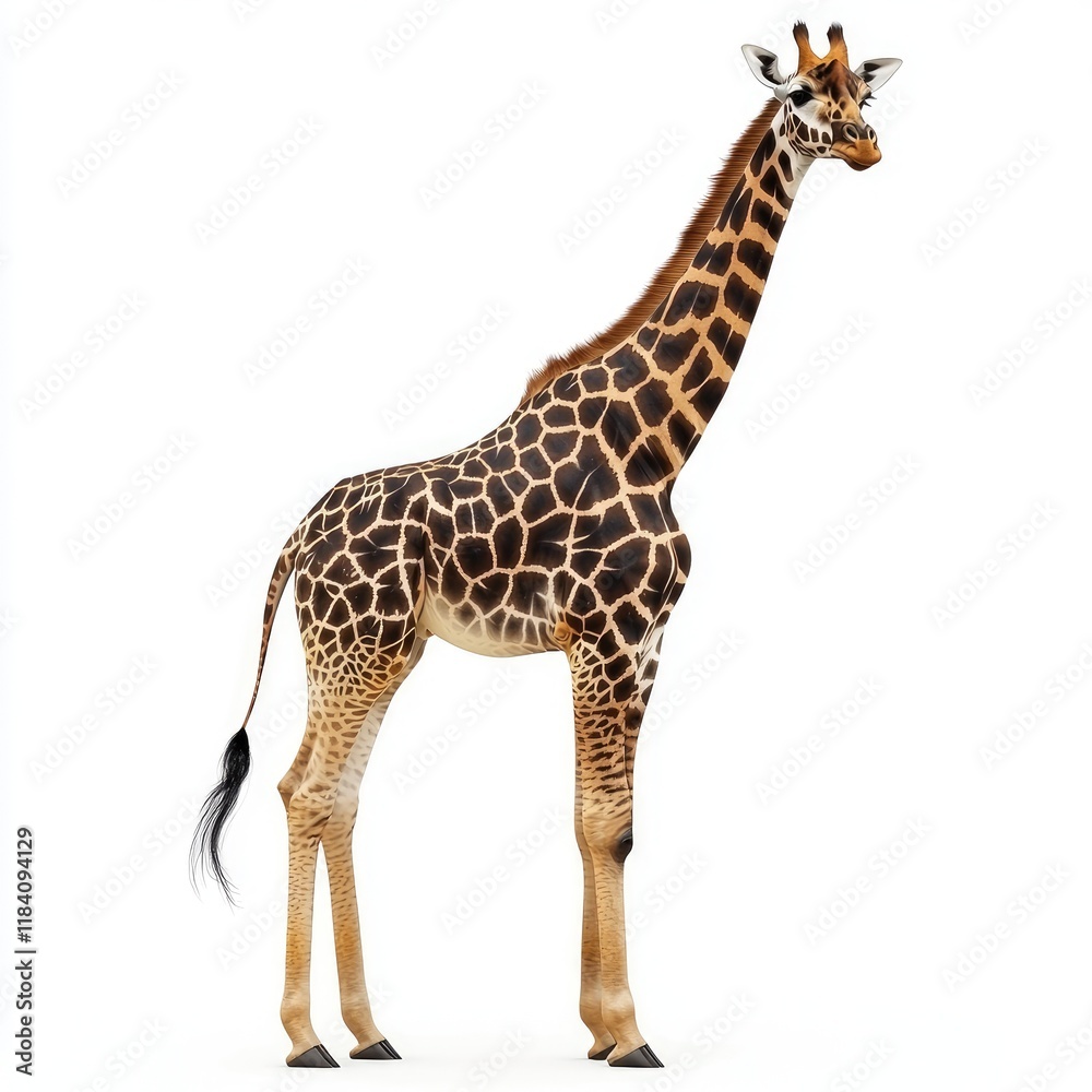 Naklejka premium Majestic Giraffe: A Stunning Portrait of African Wildlife in its Natural Habitat. Discover the beauty of this gentle giant, its unique spots and long neck against a pristine white background.