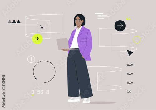 A modern character stands confidently with a laptop in a sleek environment filled with colorful, interactive screens displaying various data visuals