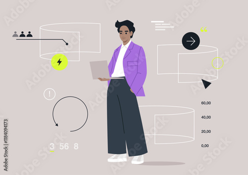 A modern character stands confidently with a laptop in a sleek environment filled with colorful, interactive screens displaying various data visuals