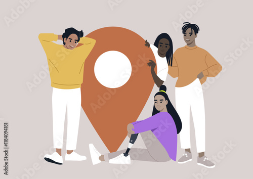 A Diverse Quartet Paired With a Giant Location Pin, Four friends pose playfully around a large map marker
