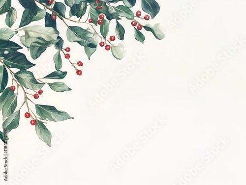 Watercolor Painting of Green Leaves and Red Berries