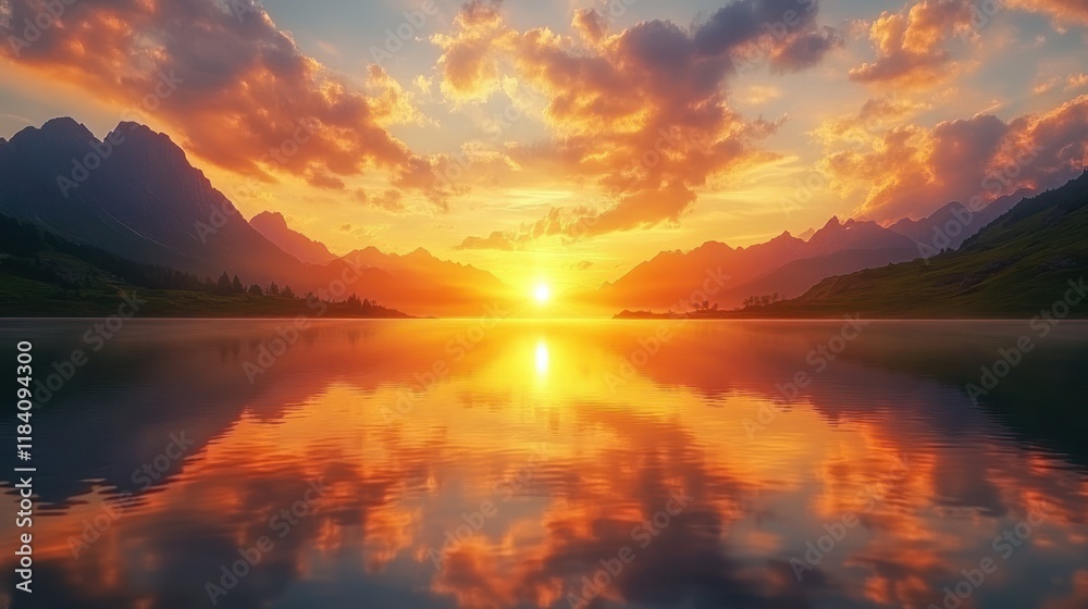 Fototapeta premium Mountain lake sunset reflection, fiery sky, calm water, travel poster