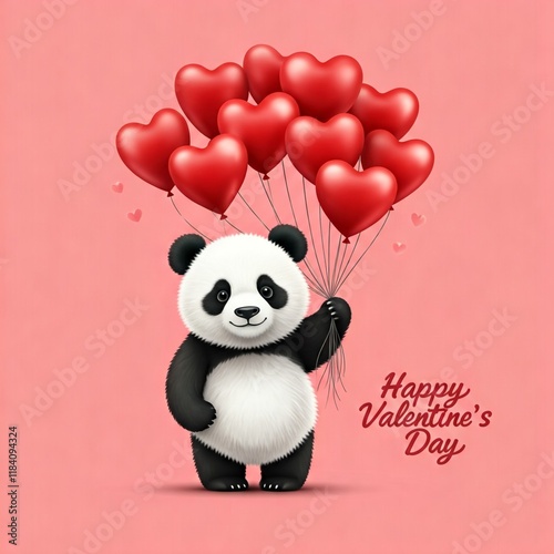 Happy Valentine's Day. Drawing style. Baby panda holding balloons, Valentine's Day illustration.