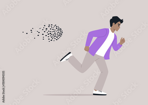 In a surprising turn of events, an individual dashes away from a menacing swarm of bees, showcasing a blend of humor and instinctive escape, the setting captures a comic urgency.