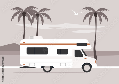 Journey into nature as an RV travels along a peaceful road, framed by tall palm trees and distant mountains, inviting a spirit of adventure and exploration