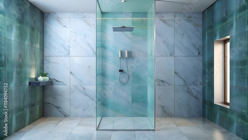 Minimalist interior design of modern walk shower are simplicity with marble light blue wall