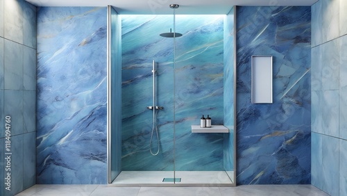Minimalist interior design of modern walk shower are simplicity with marble light blue wall