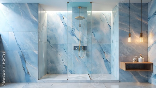 Minimalist interior design of modern walk shower are simplicity with marble light blue wall