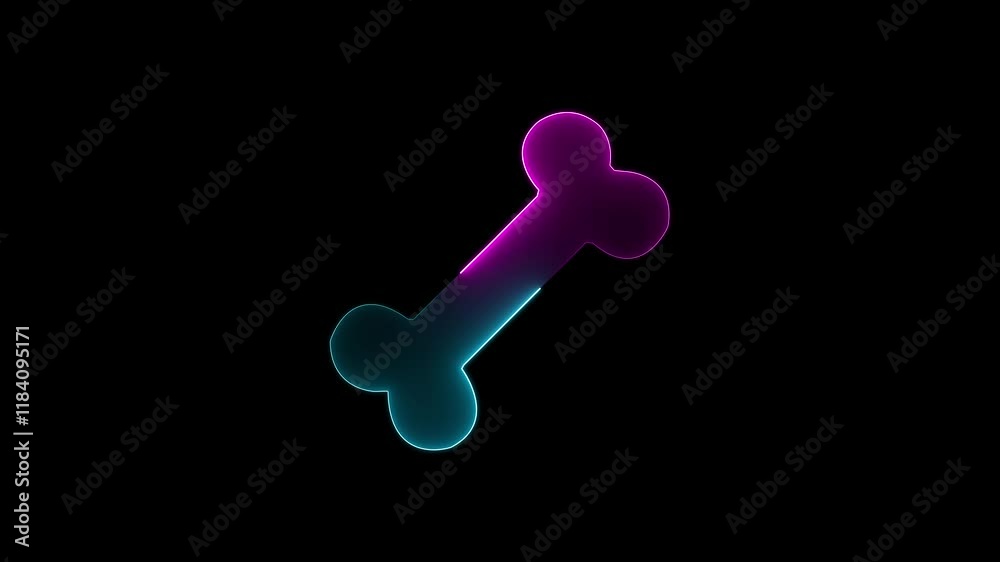 Neon bone icon animation. single bone with glowing outlines with rays on black background .