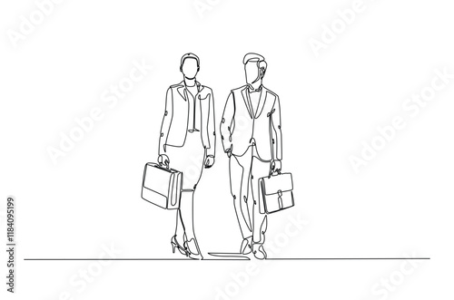 Businesswoman and businessman standing with briefacase in continuous one line drawing. Editable vector.