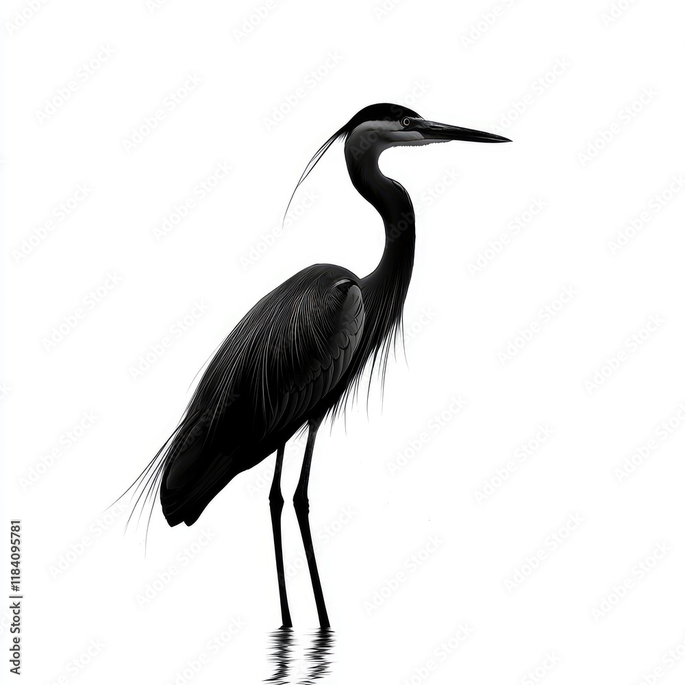 Obraz premium Majestic Heron in Monochrome: A Stunning Black and White Bird Photograph. Captivating wildlife image showcasing the bird's elegance and serene presence in its natural habitat.