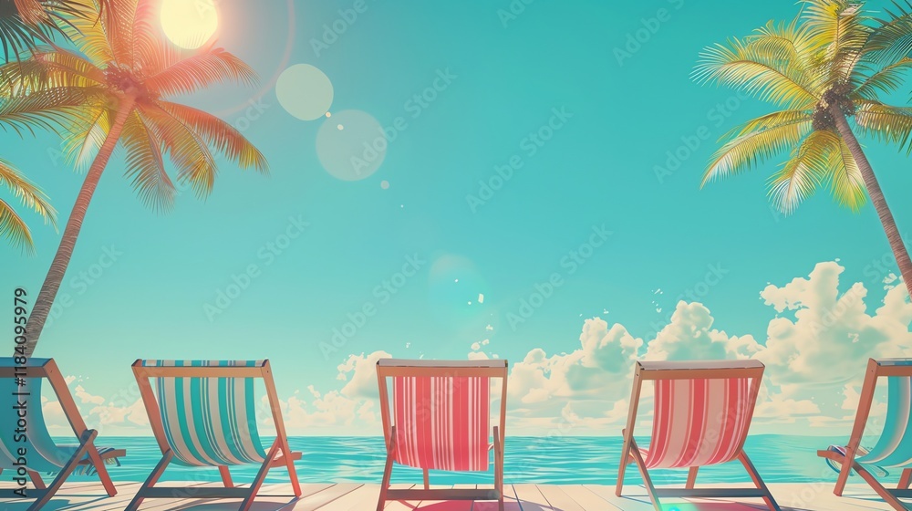 Obraz premium Beach chairs under palm trees on a sunny day, perfect for relaxing.