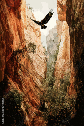 Eagle soaring through a golden canyon landscape.