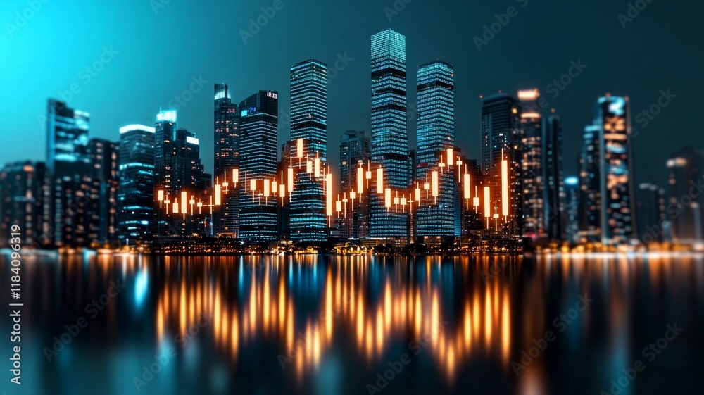 Fototapeta premium Night Cityscape Stock Photo Financial Market Candlestick Chart Overlay