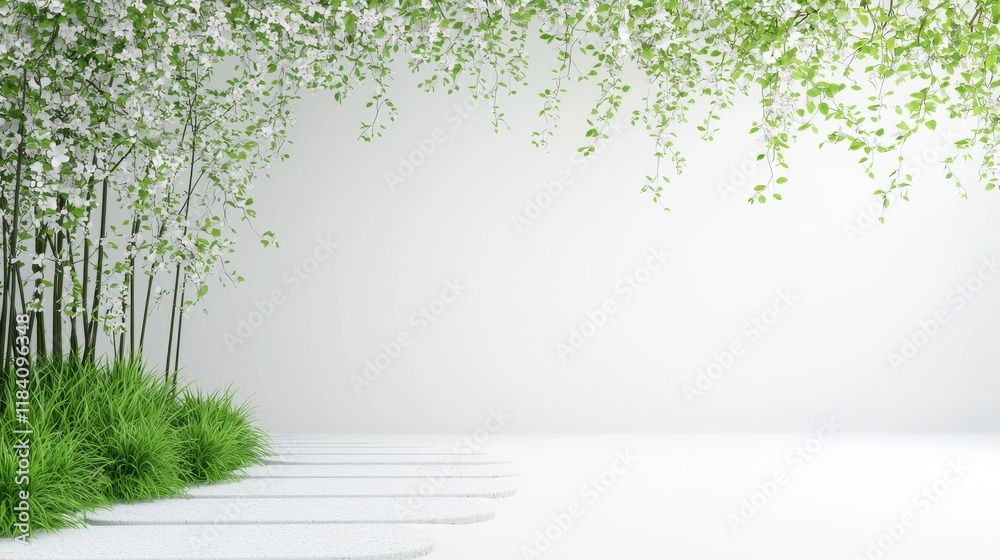 Obraz premium A zen garden with bamboo, blossoms, and a path, creating a serene and meditative space.