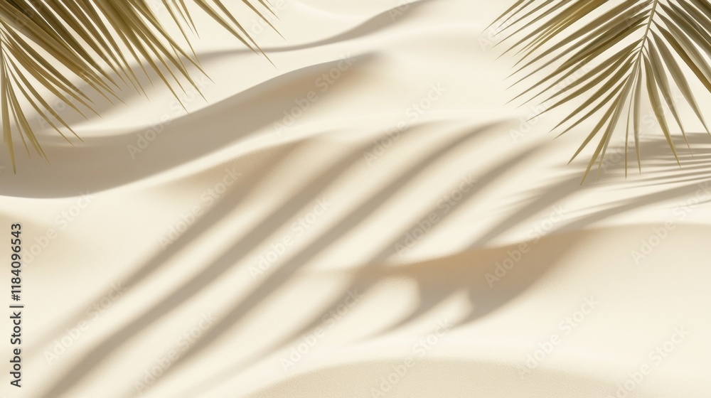 Fototapeta premium Shadow patterns created by palm leaves on a sandy surface under bright daylight depict tranquility and relaxation in a tropical setting