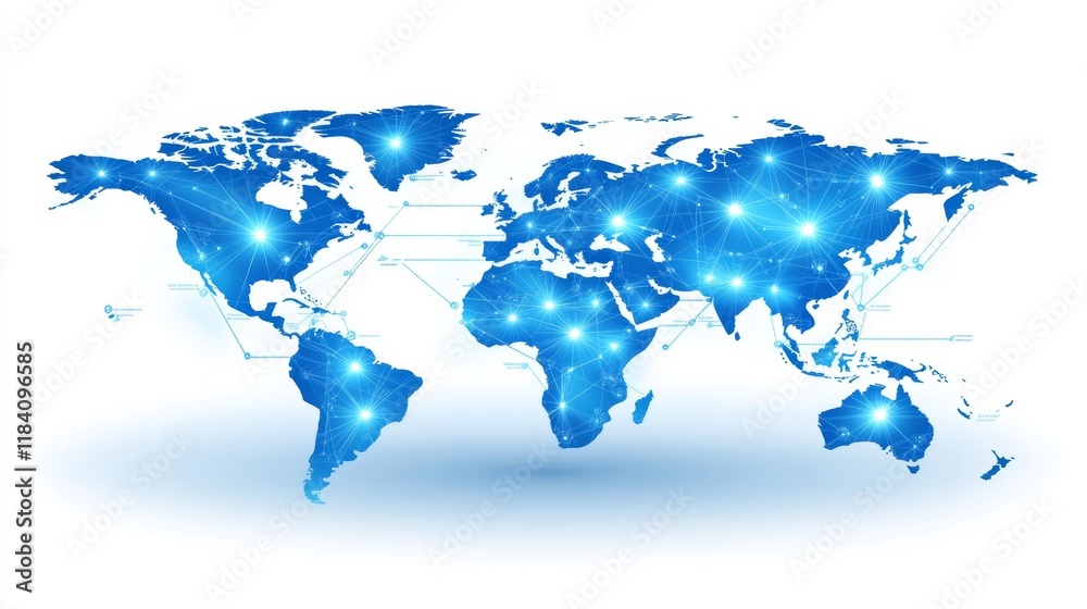 Fototapeta premium Global Network Connections World Map Depicting Data Flow With Glowing Nodes and Lines.