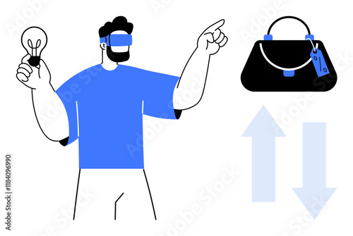 Man wearing VR glasses holding lightbulb, pointing at handbag with price tag, arrows indicating choice. Ideal for online shopping, virtual reality, ecommerce, fashion retail, technology, customer