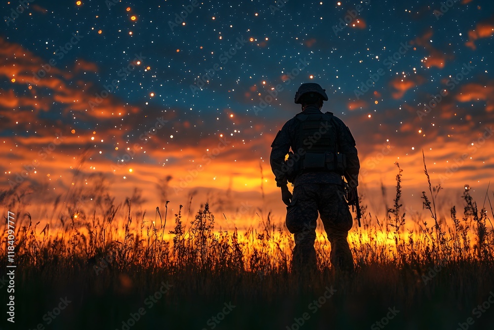 Fototapeta premium Silhouette of Soldier Gazing at Starry Night Sky During Vibrant Sunset