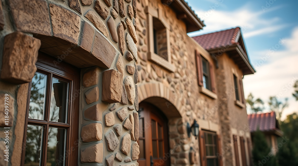 Rustic Stone Building Exterior with Arched Entryway and Windows Rustic Stone Building Exterior with Arched Entryway and Windows