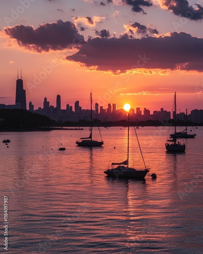 A sunset view of Chicago skyline from the Adler Planetarium, with boats in the harbor photo